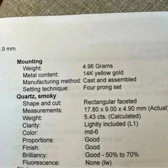 14 KT Gold Quartz (Smokey) Rectangular Faceted Ring Size 6 (Gold is 4.96 grams) - Picture 7 of 7